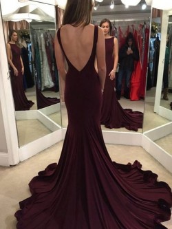 Shop New Arrival Trumpet/Mermaid Scoop Neck Chiffon Ruffles Court Train Burgundy Backless Ball D ...