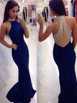 Shop Royal Blue Silk-like Satin Sweep Train Beading Trumpet/Mermaid High Neck Ball Dresses in Ne ...