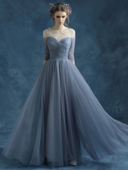 Shop 3/4 Sleeve A-line Tulle Beading Scoop Neck Ball Dress in New Zealand