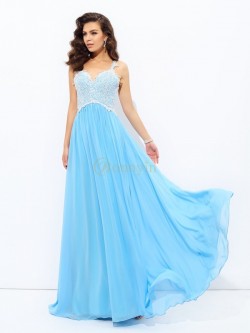 Himmelblau Chiffon V-Ausschnitt A-Linie/Princess-Linie Floor-length Abendkleider – Bonnyin.ch