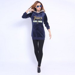 Juicy Couture FW2017 Velour Jacket 2pcs Studded Exquisite Juicy Logo Women Hoody Navy Blue