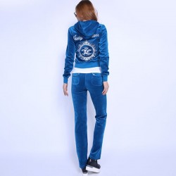 Juicy Couture FW2017 Velour Tracksuit 2pcs Studded Juicy Logo Crown Women Suits Blue