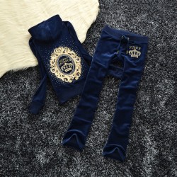 Juicy Couture Sequin Crown Velour Tracksuit 601 2pcs Women Suits Navy Blue