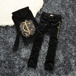 Juicy Couture Sequin Logo Velour Tracksuit 603 2pcs Women Suits Black