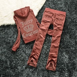 Juicy Couture Studded Logo Crown Velour Tracksuit 605 2pcs Women Suits Coffee Red