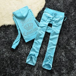 Juicy Couture Studded Logo Crown Velour Tracksuit 605 2pcs Women Suits Light Blue