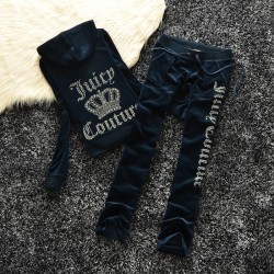 Juicy Couture Studded Logo Crown Velour Tracksuit 605 2pcs Women Suits Navy Blue