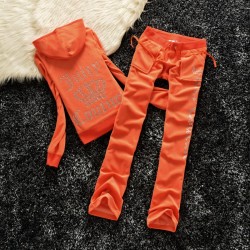 Juicy Couture Studded Logo Crown Velour Tracksuit 605 2pcs Women Suits Orange