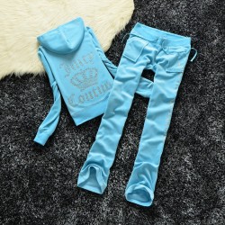 Juicy Couture Studded Logo Crown Velour Tracksuit 605 2pcs Women Suits Sky Blue