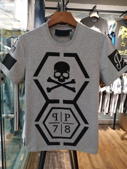 Philipp Plein SS2017 Mens T-Shirt Lurex Borders Skull Grey