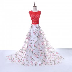 Hot Sale Red Lace Scoop Neck Keyhole Back Floral Printed Two Piece Prom Dress 2017 [PS1702] R ...