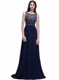 Vintage Open-Back Rhinestones Dark-Navy Long Chiffon Prom Dresses – Ameliedresses