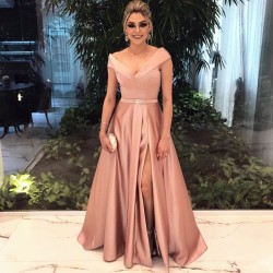 A-Line Off The Shoulder Long Evening Dress Pink Split Elegant V-neck Formal Dresses BA6651_Eveni ...