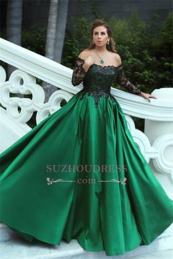 Black-Appliques Off-the-Shoulder Green Elegant Long Sleeves A-Line Prom Dress_Prom Dresses_2018  ...