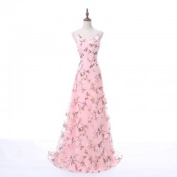 Fashion Long Straps Deep V-Neck 3D Floral Print Blush Pink Long Prom Dress [PS1718] – $128 ...