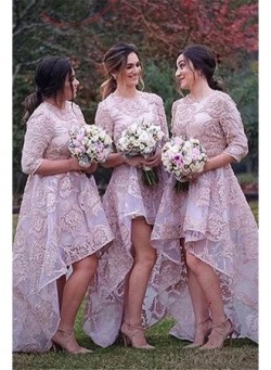 Half Sleeves Lace High Front Low Back Bridesmaid Dresses 2017 Cheap Wedding Party Dress_Bridesma ...