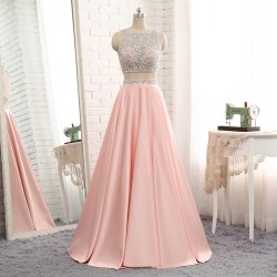 Hot Trendy Long Two 2Piece Beaded Cutout Back Satin Evening Graduation Prom Dress [PS1720] ̵ ...