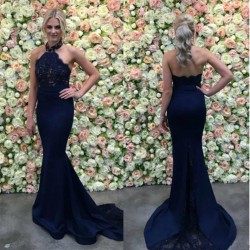 Long Navy Appliques Lace Mermaid Gorgeous Halter Evening Dress_2017 New Evening Dresses_Evening  ...