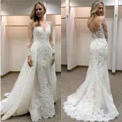 Open-Back Simple Appliques Sheath Long-Sleeves Tulle Wedding Dress_2018 Wedding Dresses_Wedding  ...