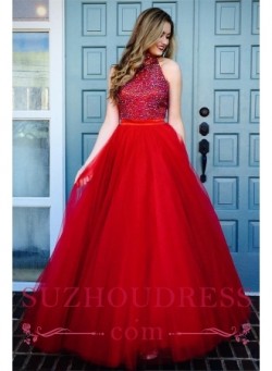 Glamorous Red A-line High Neck Evening Dresses 2018 Crystal Sleeveless Tulle Prom Dresses_Prom D ...