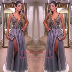 Gorgeous V-Neck A-line Prom Dresses 2018 Sleeveless Crystal Side Slit Evening Dresses_Prom Dress ...