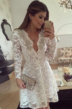 White Long Sleeve Beading Short/Mini Homecoming Dress