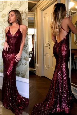 Charming Spaghetti Strap V-neck Burgundy Sequins Long Sexy Mermaid Prom Dresses – Okdresses