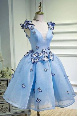 Sky Blue Butterfly Applique A Line V Neck Short Homecoming Dress – Okdresses