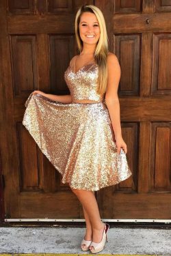 A-line V Neck Gold Sequin Two Piece Short Homecoming Dresses OKB68 – Okdresses