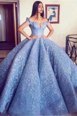 Blue Lace Off The Shoulder Ball Gown Quinceanera Dresses,Princess Prom Dress OKC91 – Okdresses