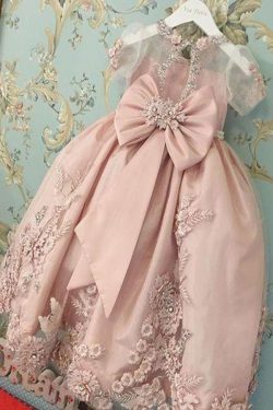 Blush Pink Short Sleeves Floor Length Appliqued Flower Girl Dress with Bow – Simibridaldress