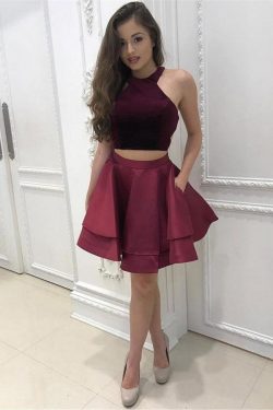 Cheap 2 Pieces Simple Short Burgundy Satin Homecoming Dresses For Teens OKD19 – Okdresses