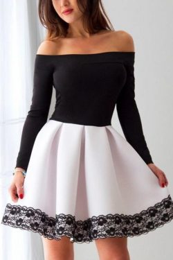 Long Sleeve White and Black A Line Short Prom Dress,Cheap Homecoming Dresses OKC90 – Okdresses