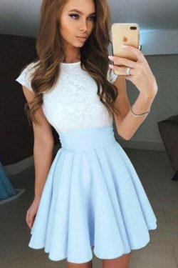 Pale Blue Cap Sleeves Short Chiffon Homecoming Dress,Mini Prom Dress – Simibridaldress