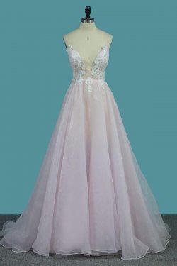 Deep V Neck Light Pink A Line Prom Dress, Spaghetti Straps Appliques Sexy Prom Dress – Simibrida ...