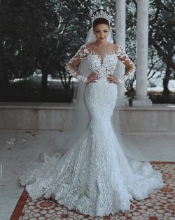 Luxury Brautkleider Spitze Weiße Hochzeitskleider Mit Ärmel Schleier