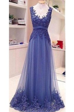 Simple Backless See Through Lace Appliques Floor Length Formal Prom Dress P803