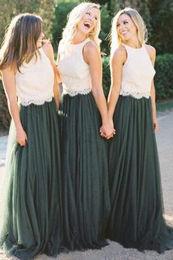 A Line Lace Bodice Green and White Tulle Long Round Neck Bridesmaid Dresses UK PW285 on sale – P ...