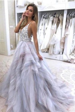 A Line Spaghetti Straps V Neck Silver Tulle Long Wedding Dresses with Rhinestones PW281 on sale  ...