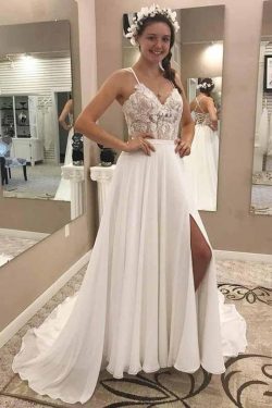 Elegant Spaghetti Straps V Neck Chiffon Appliques Split Side Wedding Dresses W455