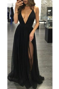 2018 correas de espagueti una línea vestidos de noche de tul con la raja US$ 119.99 VTOPX8Z4BSR  ...