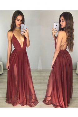 2019 correas de espagueti una línea vestidos de noche de tul con la raja US$ 119.99 VTOPX8Z4BSR  ...