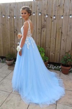 Elegant Blue Chiffon A line V Neck V Back Tulle Lace Long Prom Dresses, Evening Dress PW270 on s ...