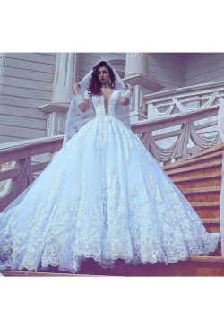 2019 mangas largas cuello en V vestidos de novia vestido de bola Tulle con tren de corte Appliqu ...