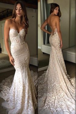 2019 Mermaid / trompeta vestido de novia de encaje y Tulle con apliques y tren de la capilla de  ...