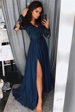 Pretty Long Sleevesl Navy Blue Lace Front Split Vestidos de baile Vestidos de mujer US$ 179.99 V ...