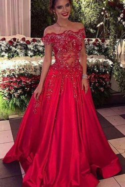 2019 satinado rojo fuera de los vestidos de baile de fin de curso de satén hombro con apliques y ...