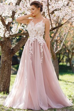 2018 Tulle Prom Dresses Scoop con Applique una línea de tren de barrido US$ 159.99 VTOPQMLNCSS & ...