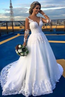 2019 una línea de manga larga cuello en V vestidos de novia Tulle con tren de corte Applique US$ ...