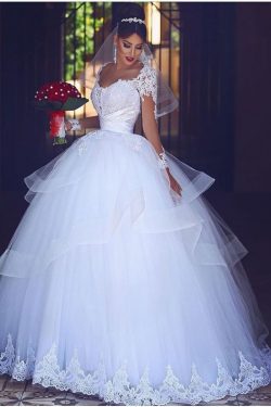 2019 vestido de bola vestidos de novia de tul cuchara mangas largas con apliques de tren capilla ...